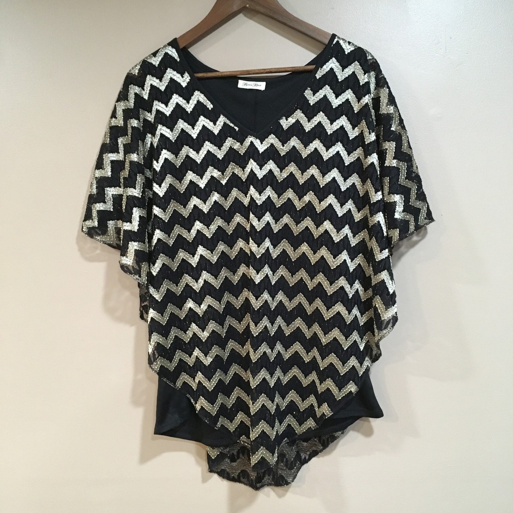 Brittany Black Metallic Poncho Overlay Top Women L Black Gold Chevron Glam Party